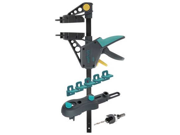 Wolfcraft SET TERASA – viditelné šrouby: svěrka, vrtací přípravek, vrták se záhlubníkem